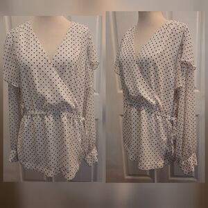 DKNY faux Wrap Top Blouse White Black Polka Dot Blouse Size XL